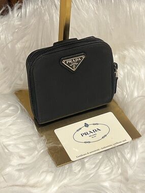 Prada Black Nylon Zip Around Compact Wallet with Triangle Logo